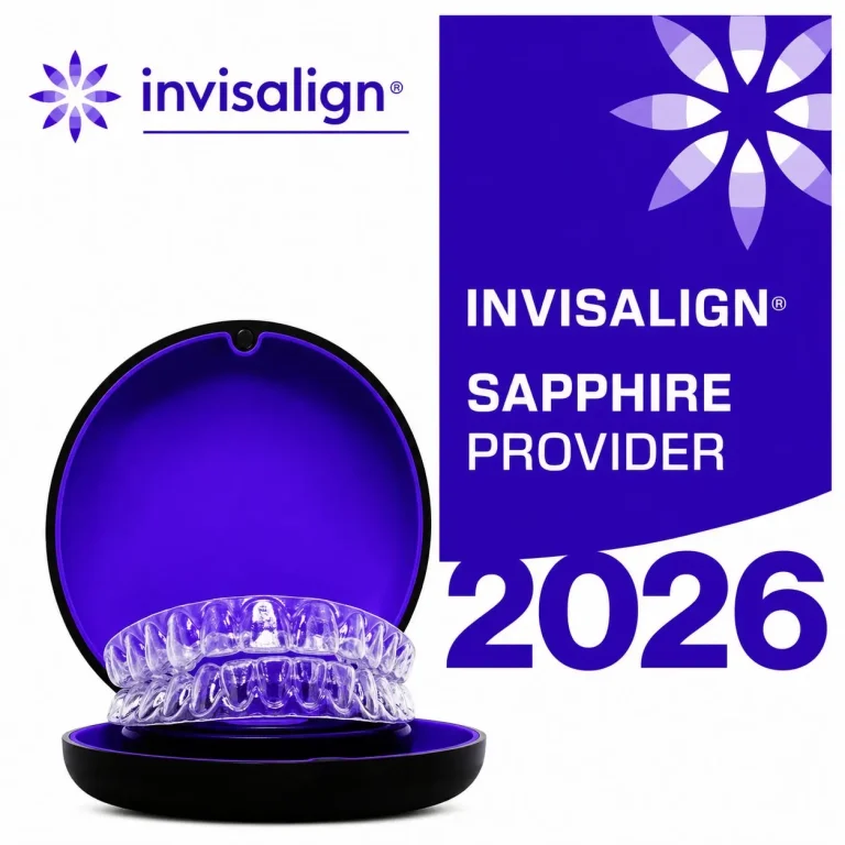 Invisalign Sapphire provider badge awarded to a high-volume clear aligner practice