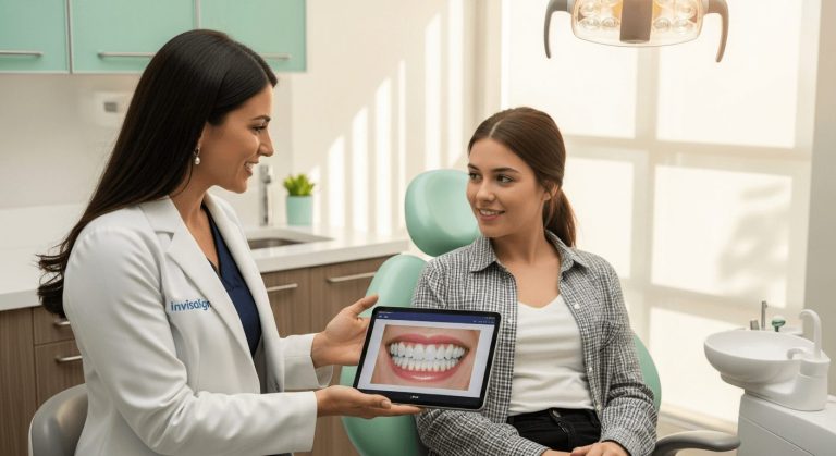 A dentist explaining Invisalign clear aligner treatment to a patient during a consultation