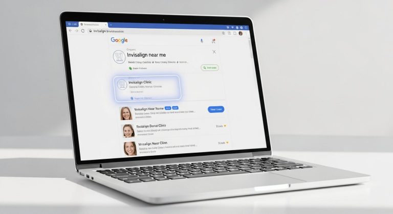 Google search results showing a dental practice ranking for Invisalign keywords