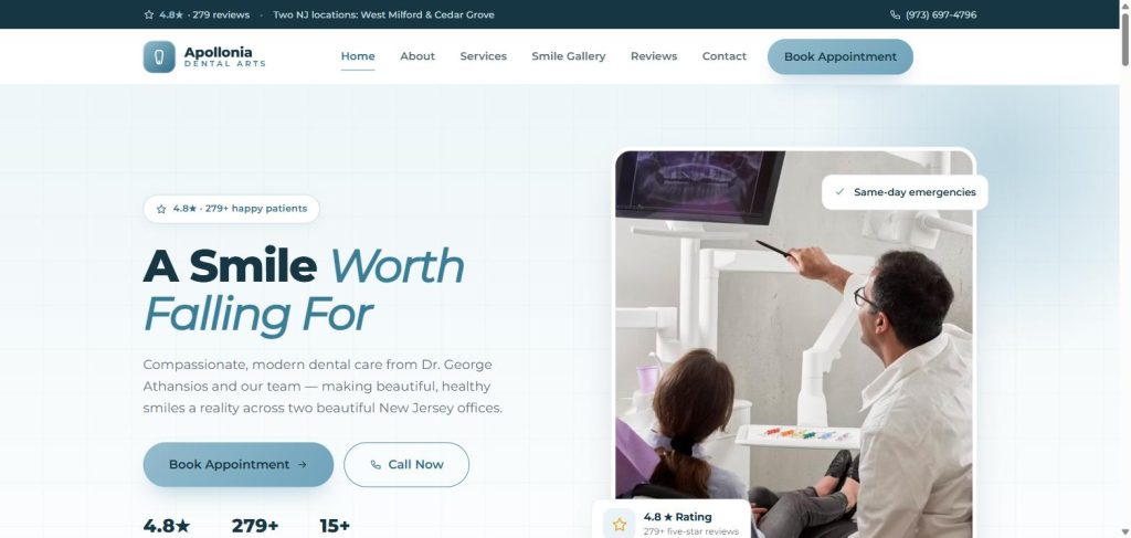 Apollonia Dental Arts homepage hero with star-rating badge and two-location top bar - dental website design example