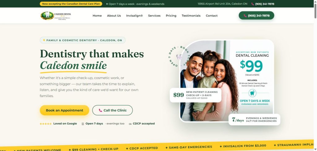 Caledon Dental Care homepage hero with hand-drawn underline, family photography and a $99 new-patient offer card