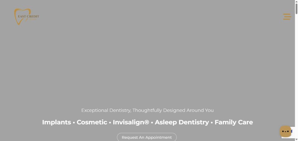 East Credit Dental website hero with a centred headline listing implants, cosmetic, Invisalign and asleep dentistry