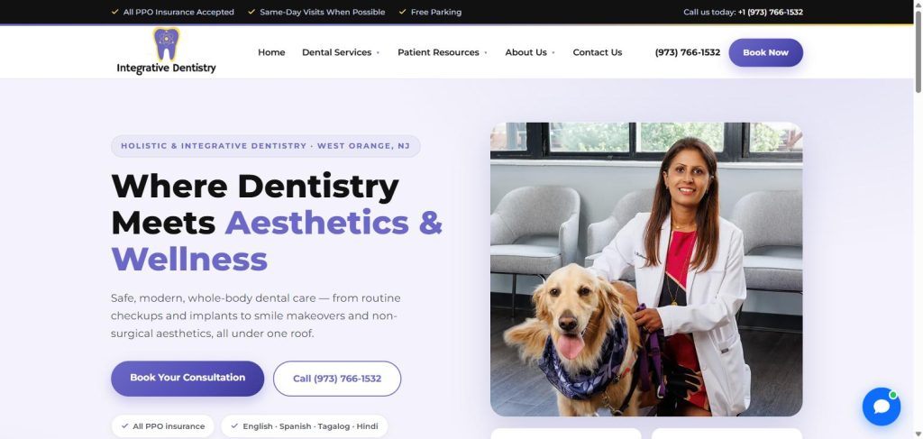 Integrative Dentistry NJ website hero with an indigo accent headline and a photo of the dentist with a therapy dog