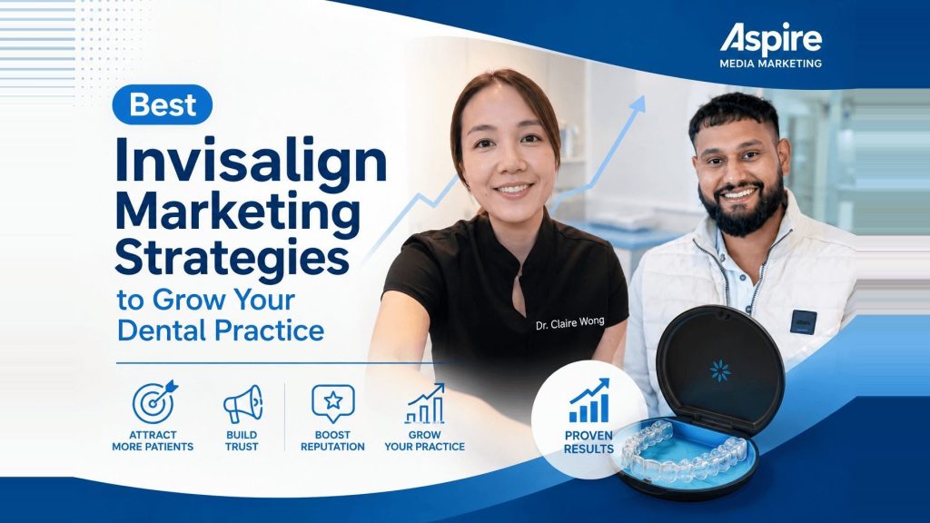 Invisalign marketing strategies graphic with a dentist, a patient and a clear aligner case for growing a dental practice
