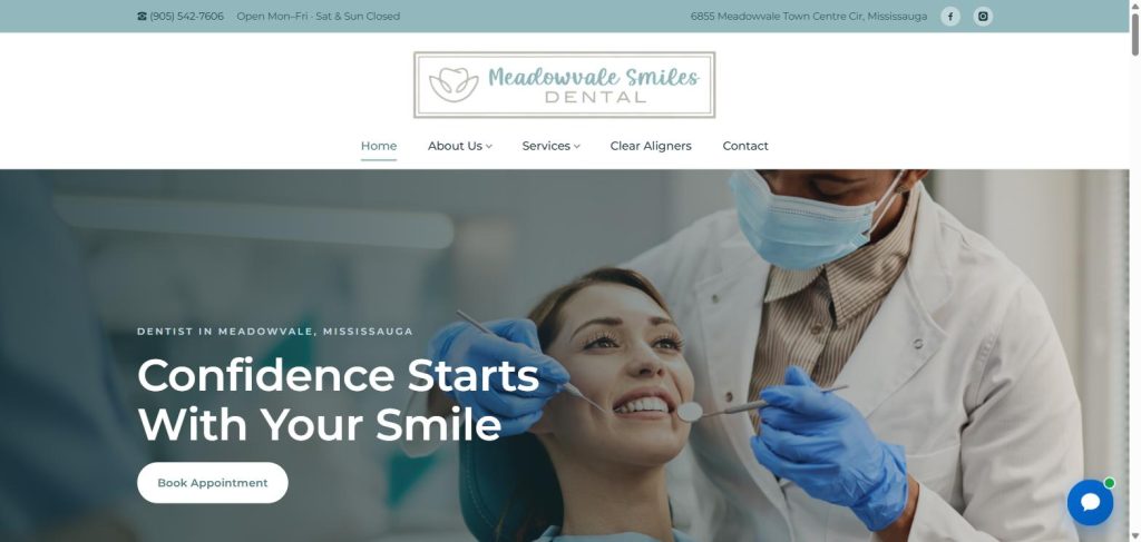 Meadowvale Smiles Dental website hero with a bold headline over a full-width clinical photograph
