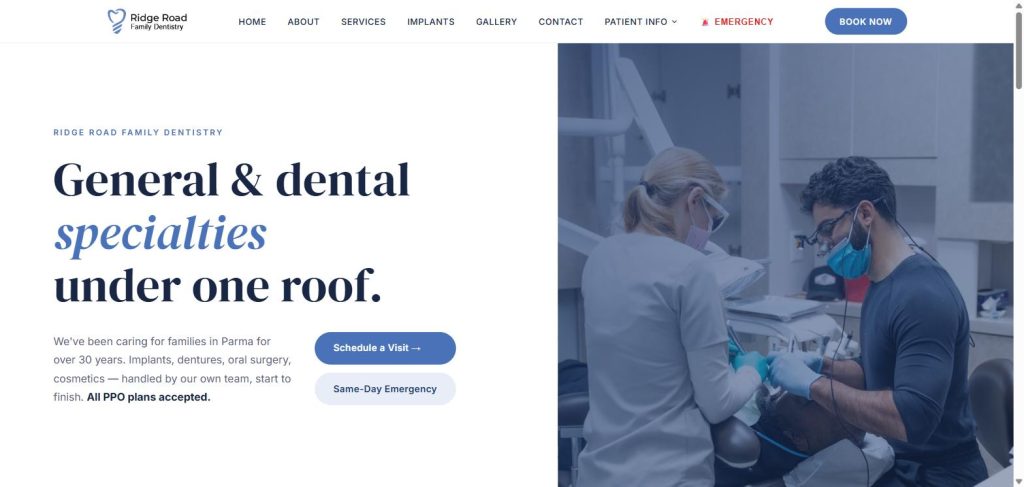 Ridge Road Family Dentistry split hero with high-contrast serif headline and periwinkle italic accent