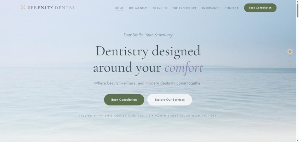 Serenity Dental website hero with a centred serif headline over a calm ocean image - luxury dental website design